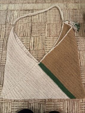 Handmade Beige & Brown Crochet Shoulder Bag with Green Accent